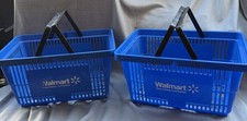 2 Walmart Stackable Blue Plastic Hand Shopping Basket with Black Handles
