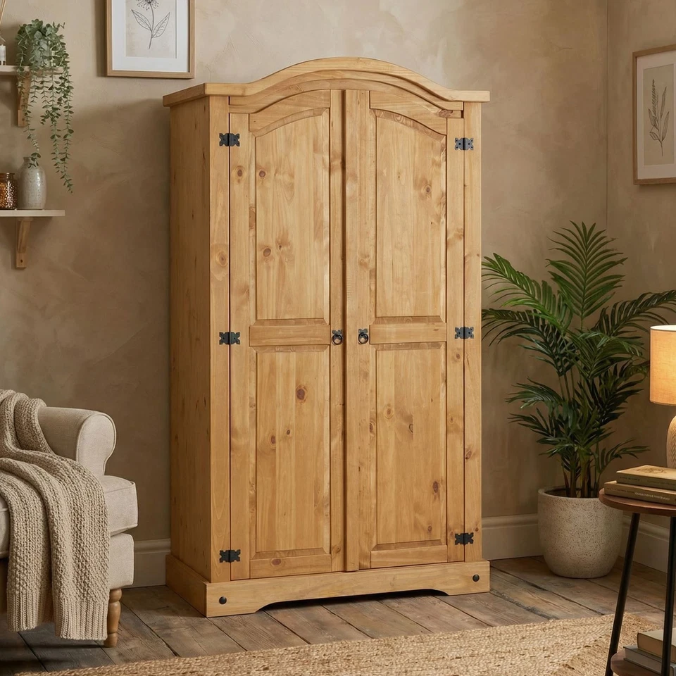 Armoire penderie avec 2 ports au style mexicain en pin finition teintée/cirée - Photo 2/4