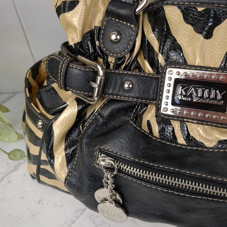 Kathy Van Zeeland Zebra Stripe Gold & Black Buckle Handbag Y2K Hobo Bag - Image 2 of 4