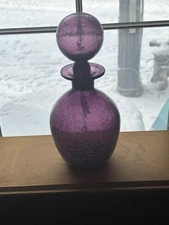 Vintage Rainbow Amethyst Crackle Glass Decanter With Ball Crackled Stopper.