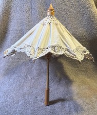 Handmade Beige Cotton Cutwork Lace Doll Parasol with Wooden Handle, 13 in