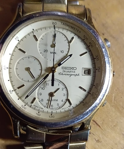 Vintage Seiko Chronograph Alarm - gold tone metal 7t 32 - Parts or restoration