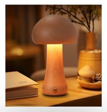 Small Wood Mushroom Lamp, LED Cordless Bedside Touch, Portable Dimmable