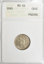 1865 THREE CENT NICKEL ~ RARE "GENERATION 2" ANACS SLAB! ANACS MS62!