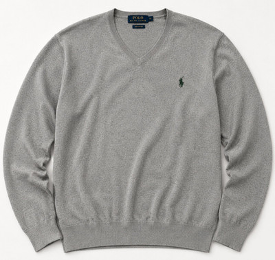 Polo Ralph Lauren Herren Pullover XL Grau V-Ausschnitt Baumwolle Logo