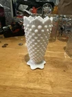 Vintage Fenton White Milk Glass Hobnail Vase Crown Scalloped Rim 5” Nice!