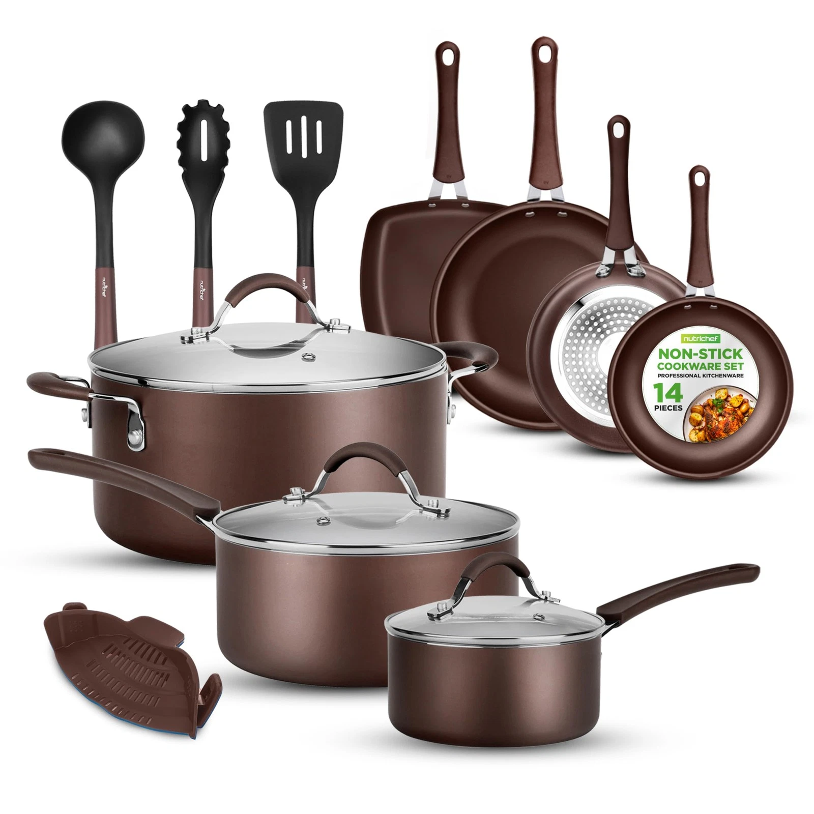 Cookware Set 14 Piece Nonstick Brown Pots Pans Lids Utensils NCCW14SBR NutriChef