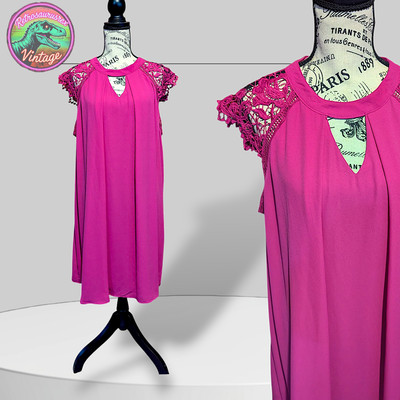 She + Sky Fuschia Pink Sleeveless Silk Crocheted Babydoll Tunic Dress, 1XL