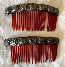 Antique Sterling Silver Hair Combs Roses Floral Repousse