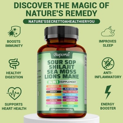 Soursop,Shilajit,Sea Moss,Lion's Mane   Natural Complex for Skin, Joints & Bones