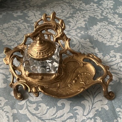 Brass Ornate Inkwell Stand with Glass Inkwell Insert and Lid
