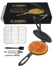 Cast Iron Waffle Maker Stove Top Bundle (5-Pieces) for Camping Grill or Stove...