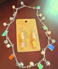 Multicolor Glass Charm Necklace  Dangle Earrings Jewelry Set
