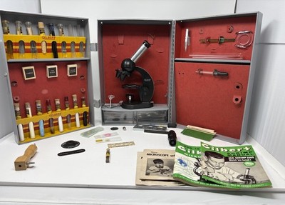 Vintage 1950s Gilbert Microscope Lab Set w/ Case Slides Manuals & Original Box