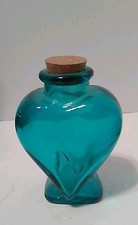 Vintage Turquoise Heart Shaped Glass Bottle With Cork - Made In SPAIN