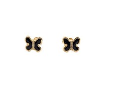 14K Yellow Gold Mini Butterfly Black Enamel Stud Earrings Dainty Girls Kids Gift