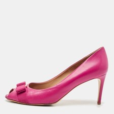 Salvatore Ferragamo Pink Leather Vara Bow Peep Toe Pumps Size 40.5