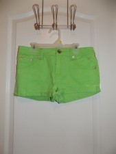 JUSTICE Girls Green Denim Jean Shorts Sz 12 1/2 Plus Roll Cuff Stretch 29.5"