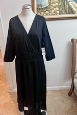 Macy’s On 34th Black Solid V-Neck Wrap Midi Dress 3/4 Sleeve Elastic Waist XL