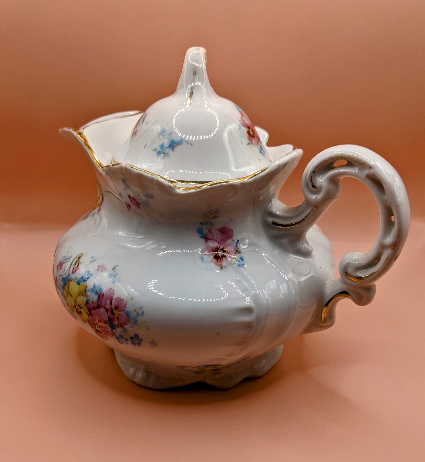 Lovely Vintage 1950s Victoria Carlsbad Austria Small Floral Teapot w/Gold Trim