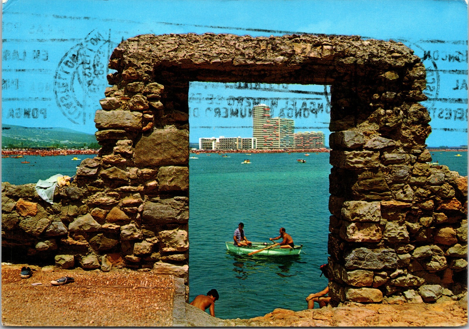 Spain Costa Del Azahar Peniscola Postcard Men on Row Boat, Mailed to Holland