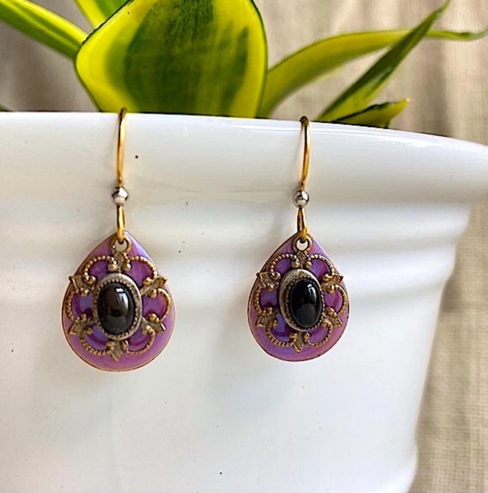 Impresionante Conjunto de Pendientes Colgantes de Filigrana de Latón Esmaltado Hechos a Mano de Ónix Foto 2 de 4