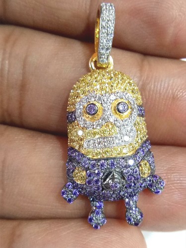 Unisex Minion Cartoon Anhänger 10K Gelbgold Blauer Zirkonia Diamant 3.8cm - Picture 3 of 7
