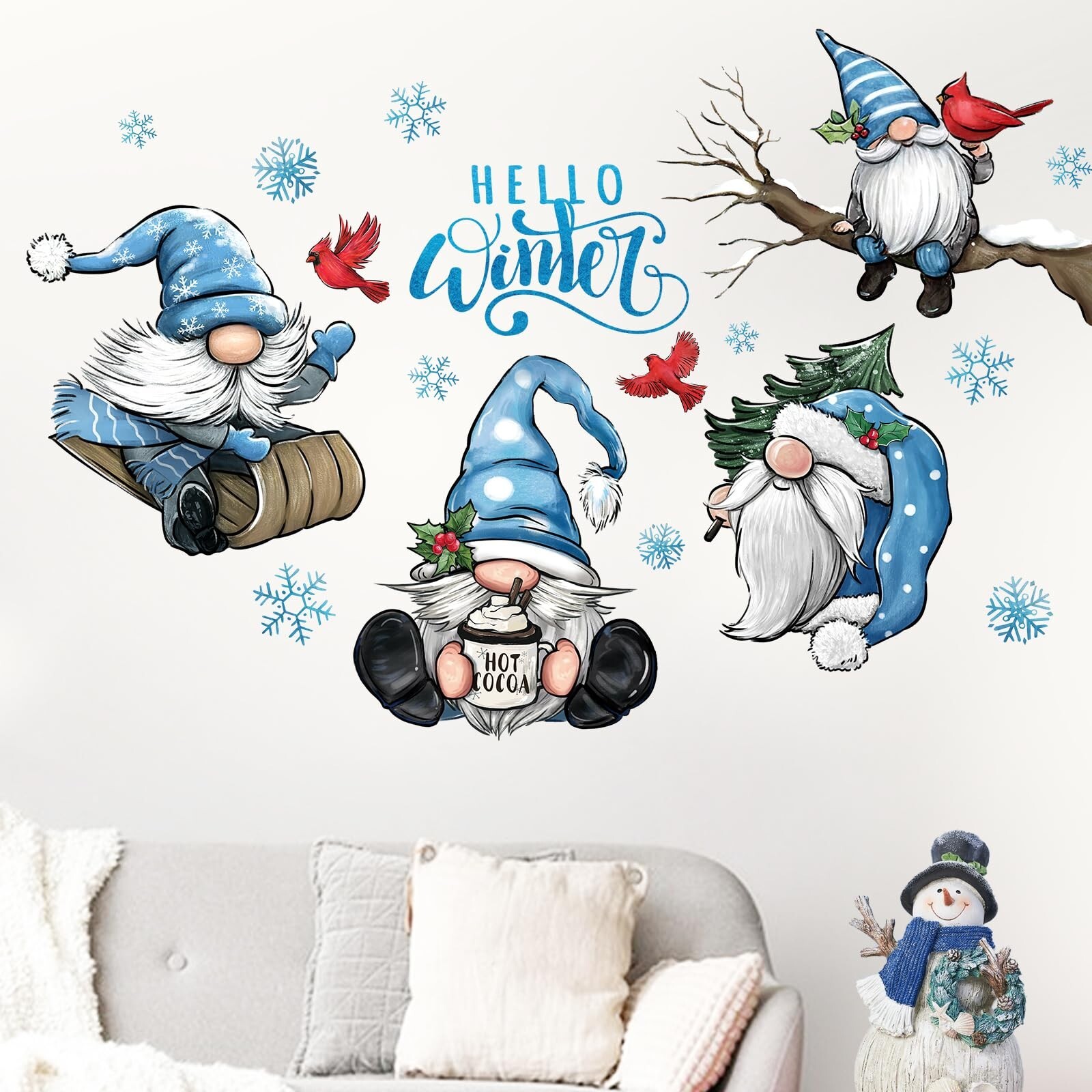 Mfault Hello Winter Gnome Wall Decals Stickers, Christmas Cardinal Red Bird S...