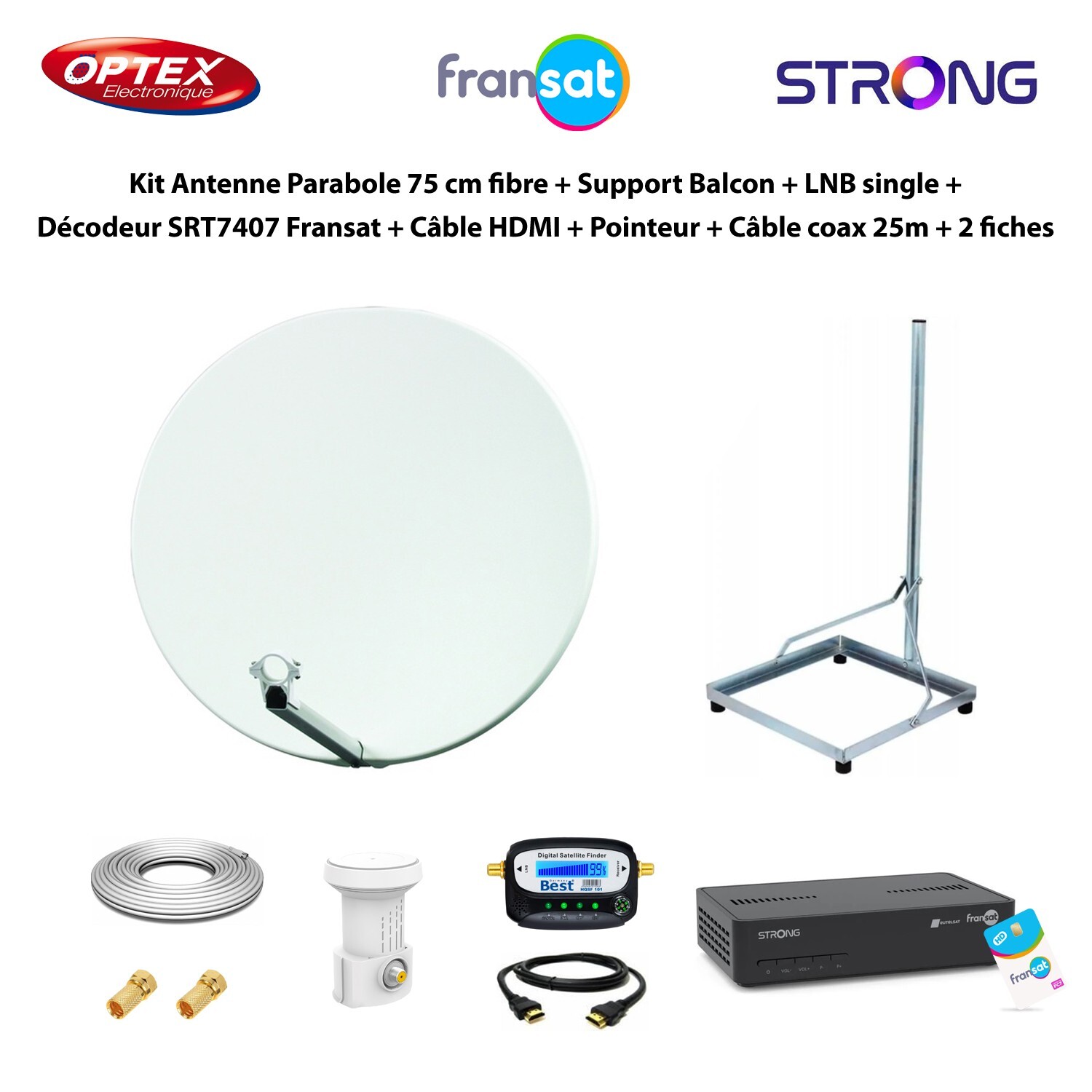 Pack Satellite Parabole 75cm fibre haute durabilité avec terminal Strong HD