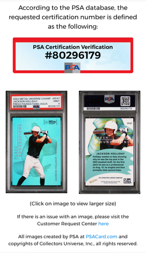 2022 METAL UNIVERSE JACKSON HOLLIDAY FRESH FOUNDATIONS AQUA SP #FF47 PSA 9 POP 5 - Picture 4 of 6