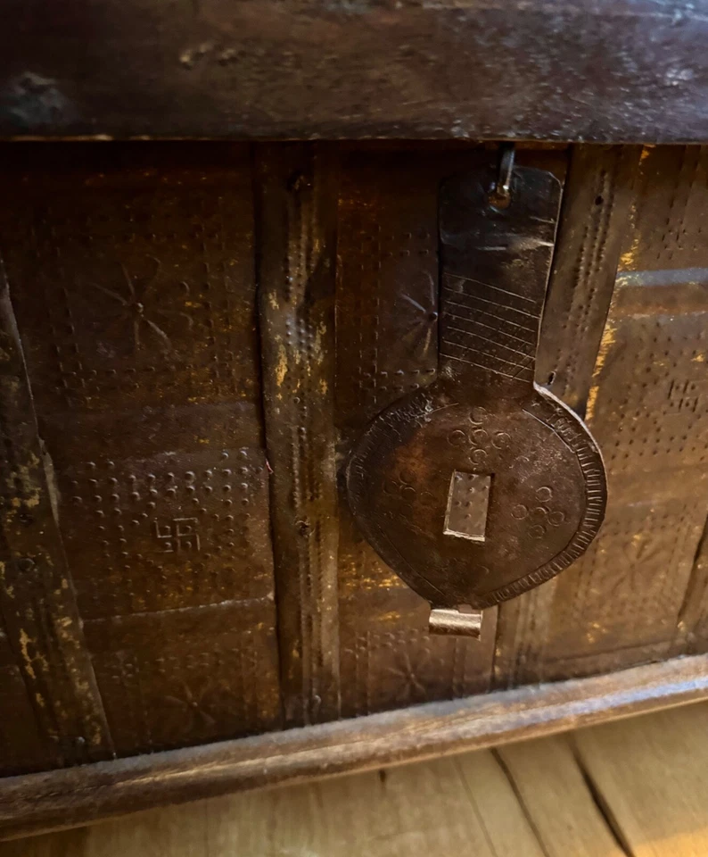 Large Antique India Dowry Trunk Chest Iron Strapped Hinged, 55.5"W x 28"D X 19”T - Image 3 of 4