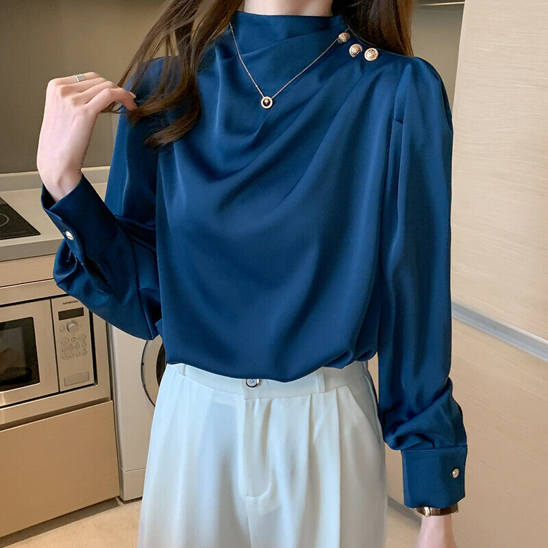 2021 New Spring Elegant Women Long Sleeve Casual Chiffon Ruched Shirt  Blouse Top