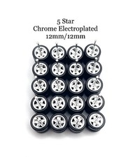 10x Sets Chrome 5 Star 12/12mm Real Rider Wheels w/ Rubber Tires for 1/64 Scale