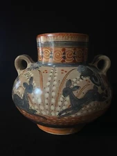 Vintage Tonala Jal Mexico Double Handle Pottery Jar Depicting Rabbits & Flowers