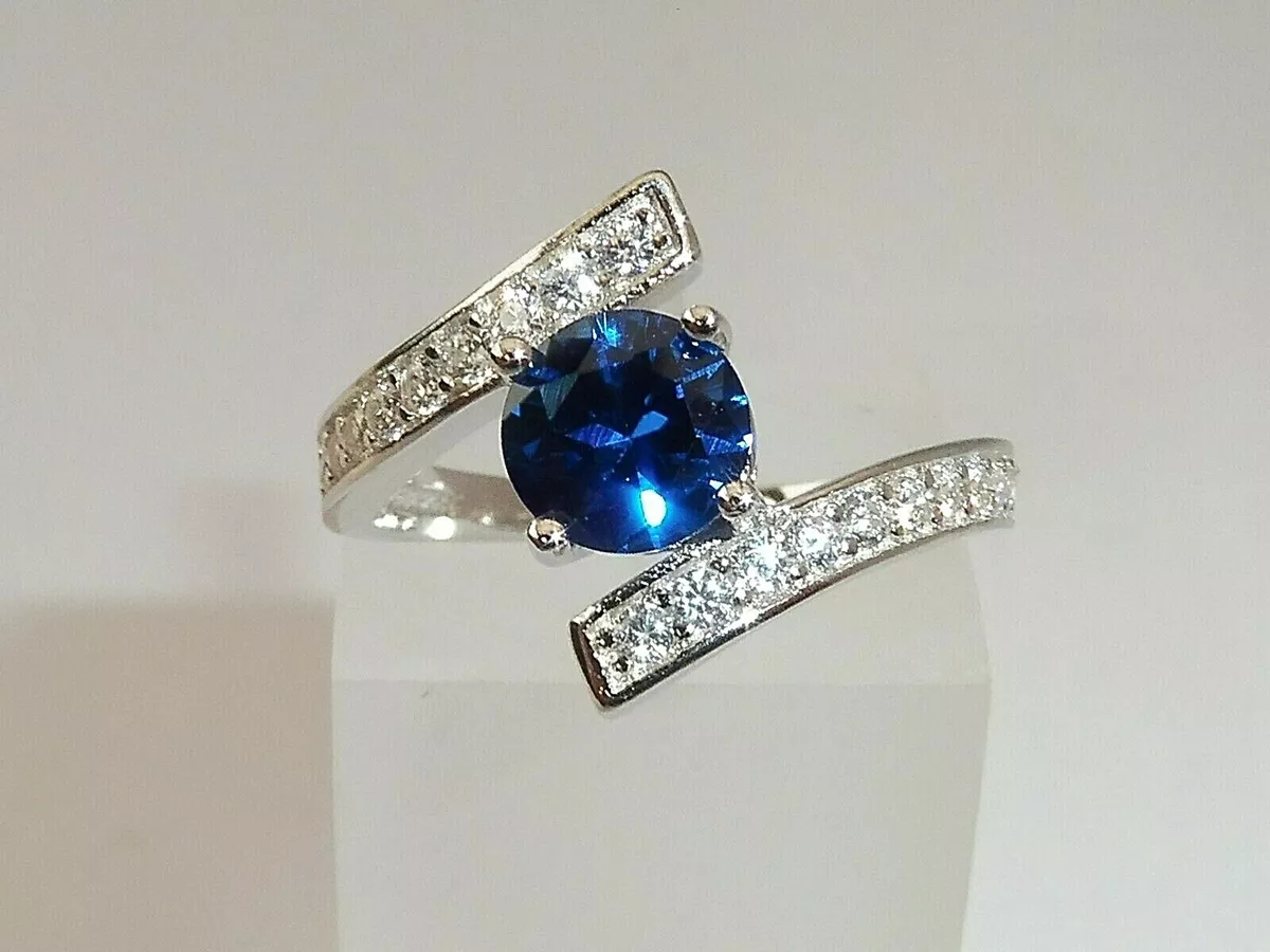 0.5ct Simulated Blue Sapphire Ring Simulated Diamond Halo White Gold Plated  | eBay