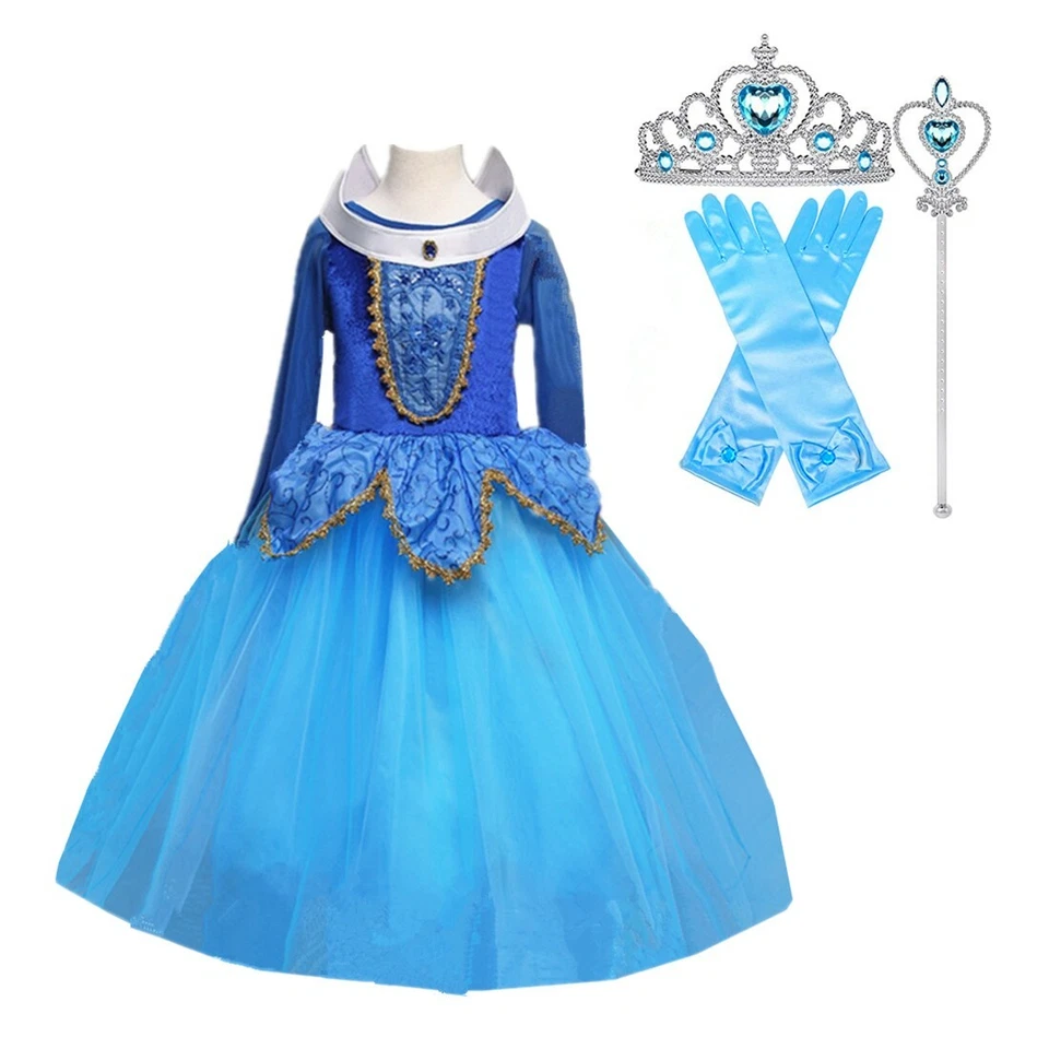 Conjunto de disfraz de princesa Aurora de la Bella Durmiente vestido de fiesta para niñas rosa y azul Foto 2 de 4