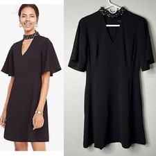 Ann Taylor Size 2 Beaded Neck Cutout Dress Black Flutter Sleeves Cocktail