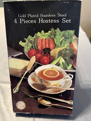 IBW SAXONY 4 Piece Hostess Set Gold Plated Flatware NOIB Stainless Steel Vintage