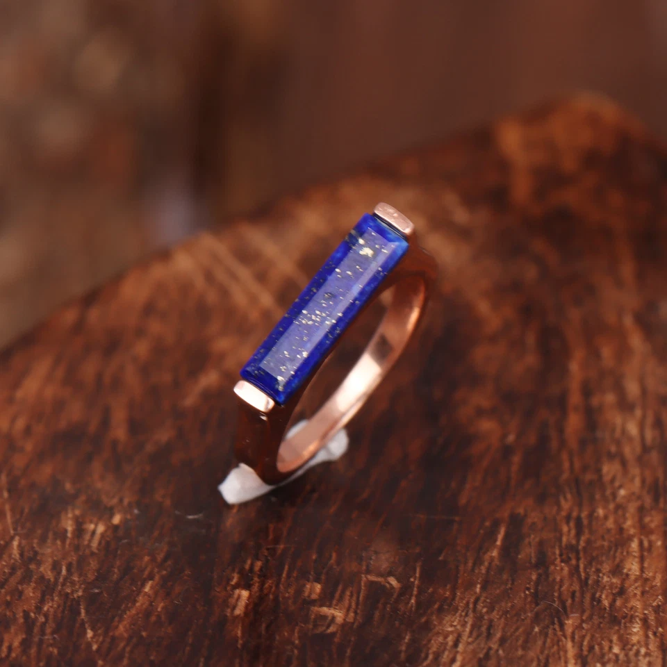 Anillo rectangular barra lapislázuli piedras preciosas plata 925 oro chapado en oro anillo para mujer Foto 4 de 4