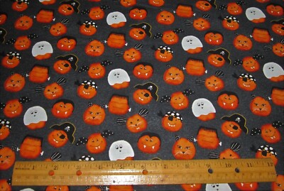 1 yd PUMPKIN FACES on Black 100% Cotton Fabric FRANKIE GHOST BAT PIRATES DRACULA