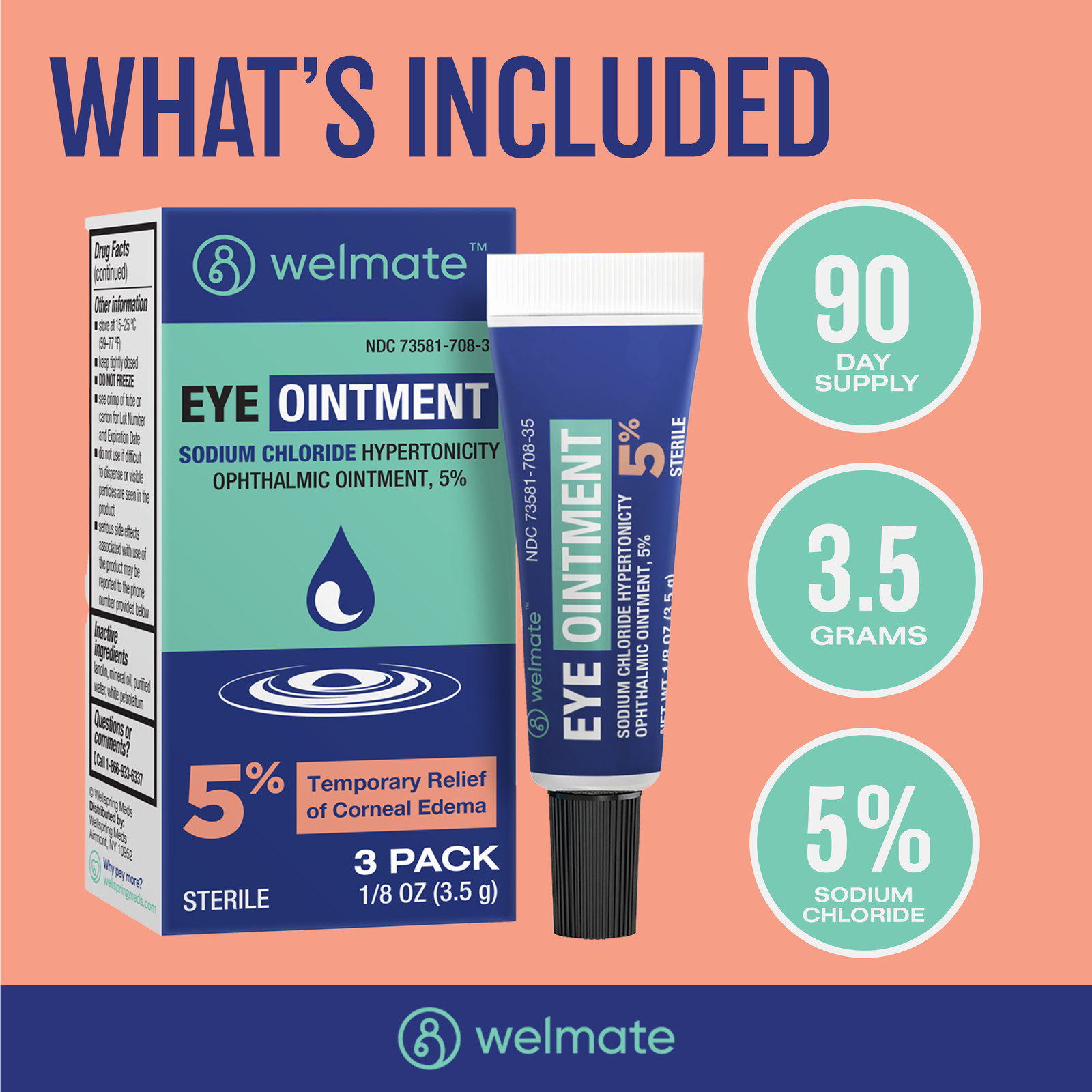 WELMATE Sodium Chloride Eye Ointment 5% 3.5g 3-Pack Exp 4/28 (Muro128)