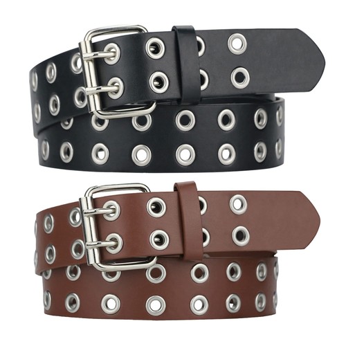 Grommet Leather Belts for Women, Black Belt Women Men with Double Holes Top - Picture 7 of 14