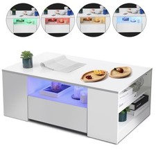 High Gloss LED Coffee Table 16 LED Lights 2 Drawers Modern MDF Living Room
