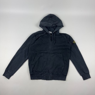 Stone Island XL Black Faded Zip Hoodie Compass Patch 100% Cotton