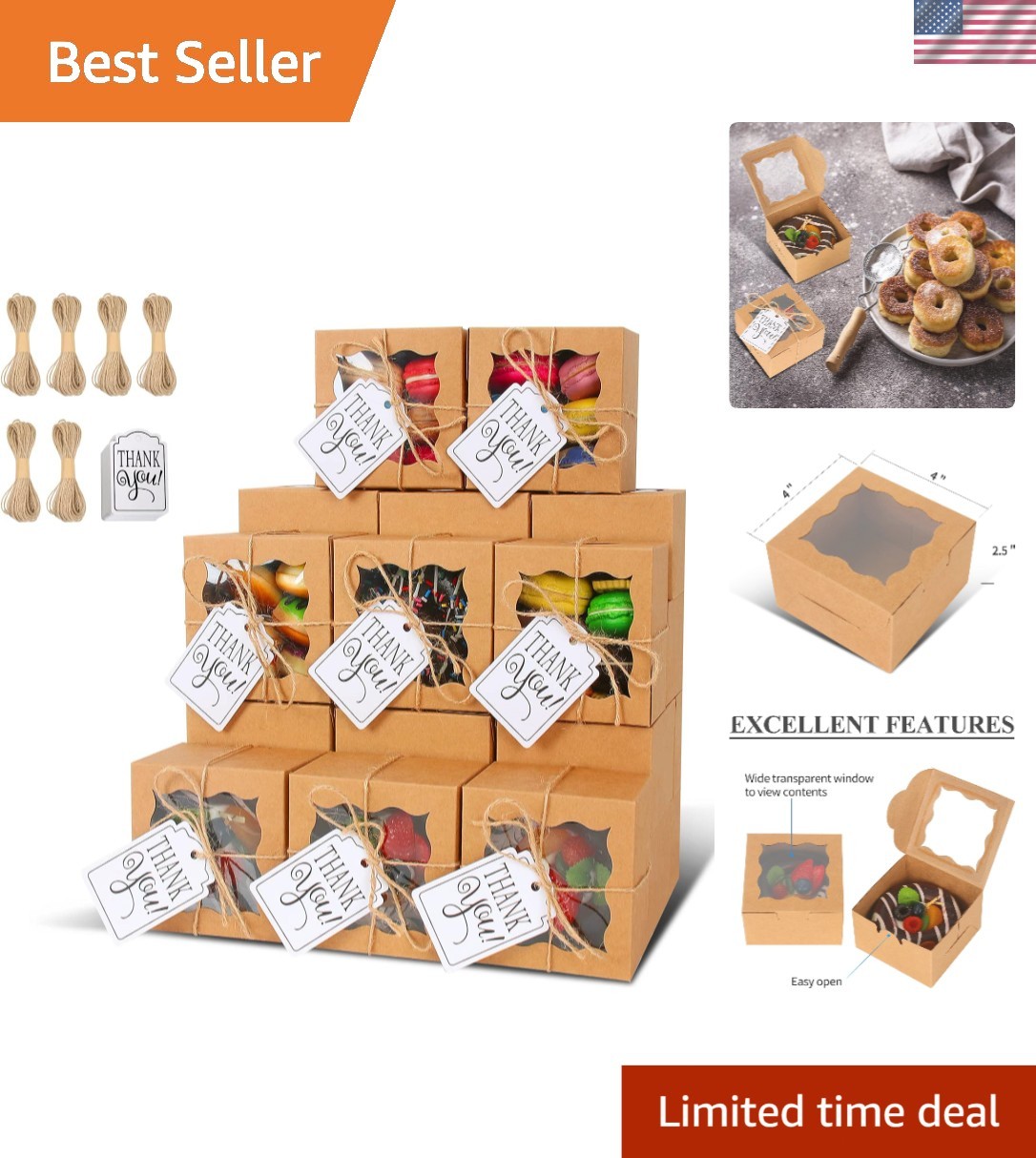 Es With Window 60 Pcs Kraft Paper Gift Box For Pastries Cookies Donuts
