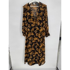 A New Day Floral Tie Front Midi Dress Black Gold Long Sleeve with Slip Size L