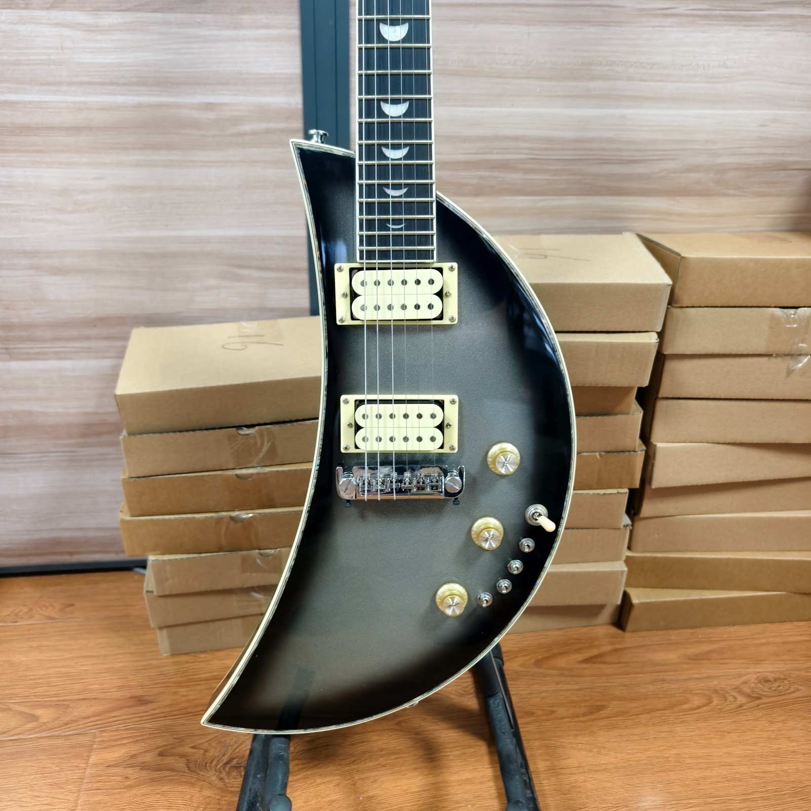Ship US Crescent Moon Shape Electric Guitar Gray Black Burst HH Pickups