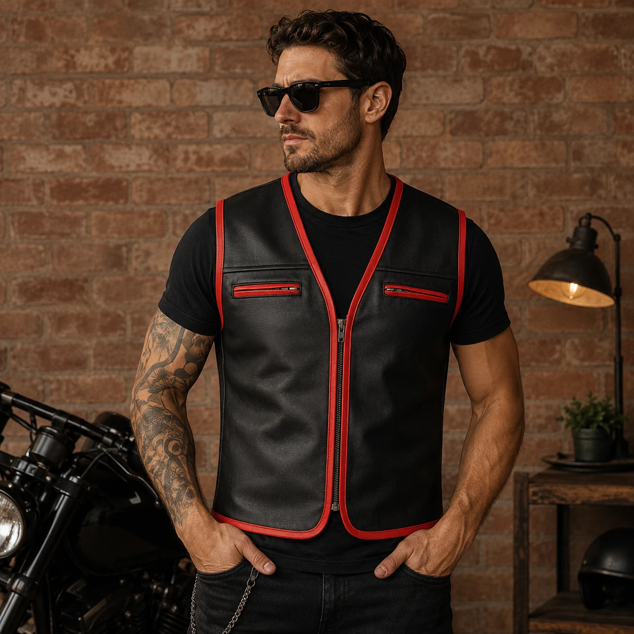 Men's Genuine Cowhide Leather Biker Vest Red Trim Zip Front Moto Club Slim Fit