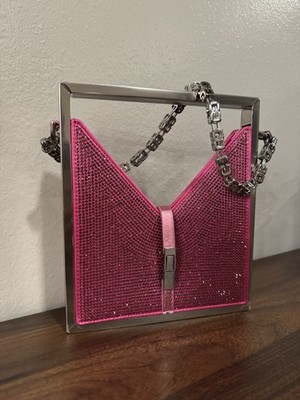 Givenchy Crystal Cut Out Micro Neon Pink Top Handle Bag with Chain Strap