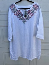 Women Talbots white Embroidery Linen Shift Dress XXL 3/4 sleeves NWT